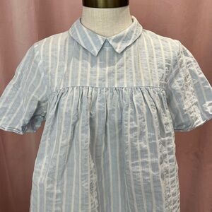 Zara Blue & White Striped Cotton Babydoll Blouse Tie Back Bow Top Size M